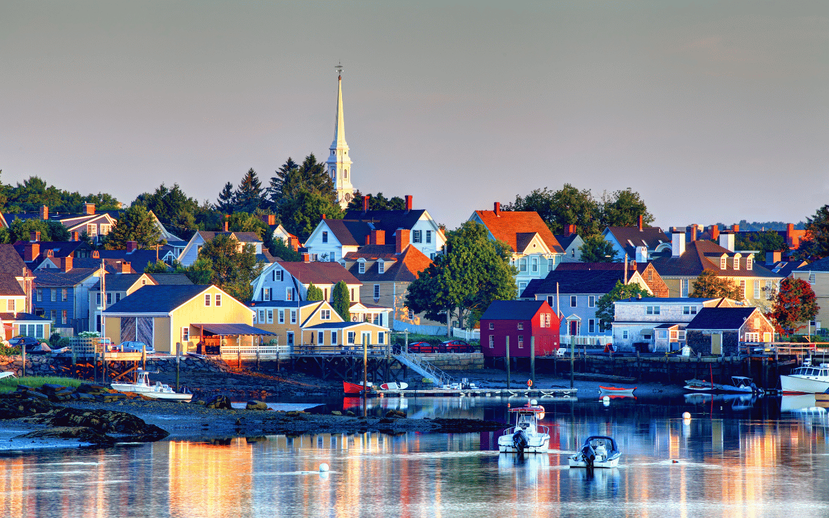 New Hampshire harbor town at sunrise